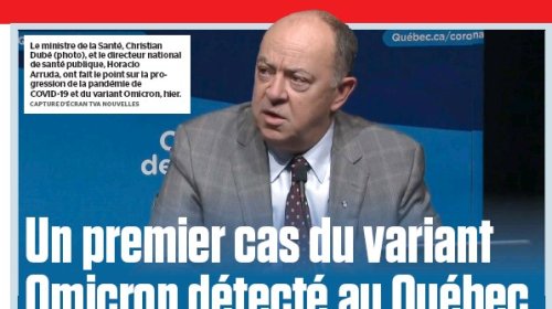 Le Journal de Montréal - Le Journal de Montréal - 30 nov. 2021 - Un premier cas du variant Omicron détecté au Québec