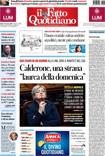 Prima Pagina Il Fatto Quotidiano di Oggi- sabato, 22 marzo 2025