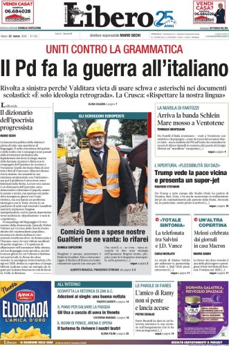 Prima Pagina Libero di Oggi- sabato, 22 marzo 2025