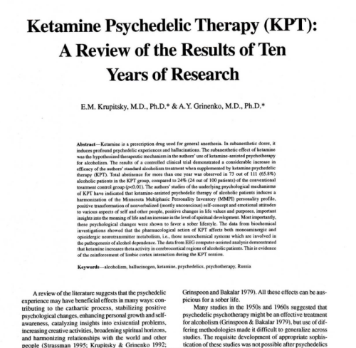 Spotlight: Ketamine Psychedelic Therapy: Review of the Results of Ten Years of Research (Krupitsky & Grinenko, 1997)