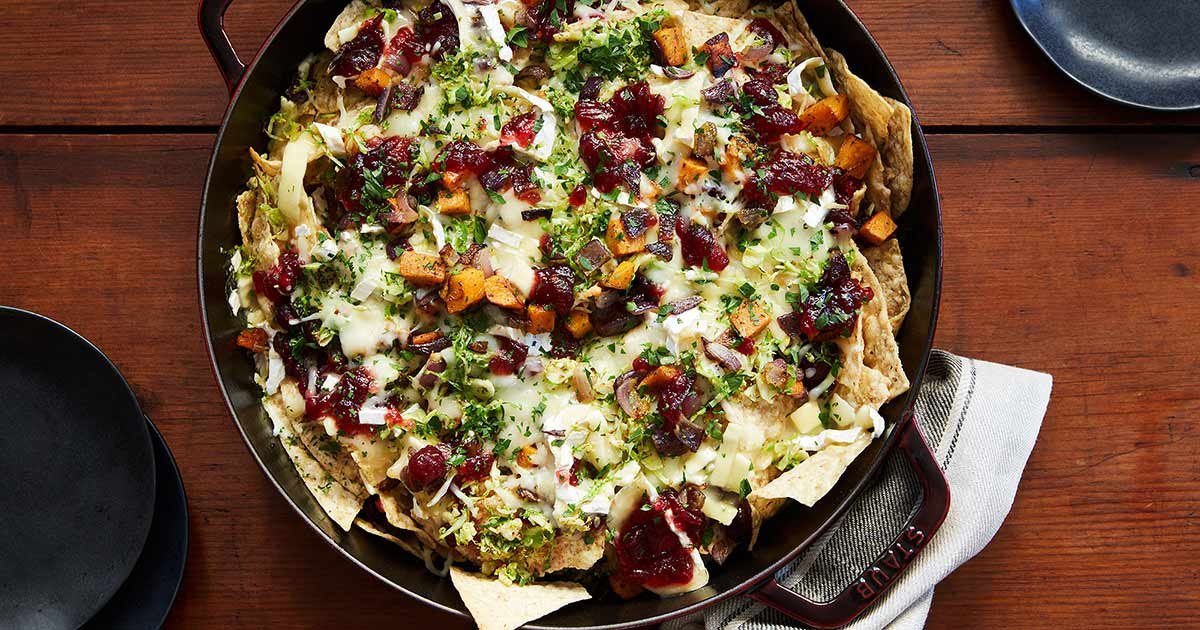 Cranberry, Brussels Sprouts and Brie Skillet Nachos