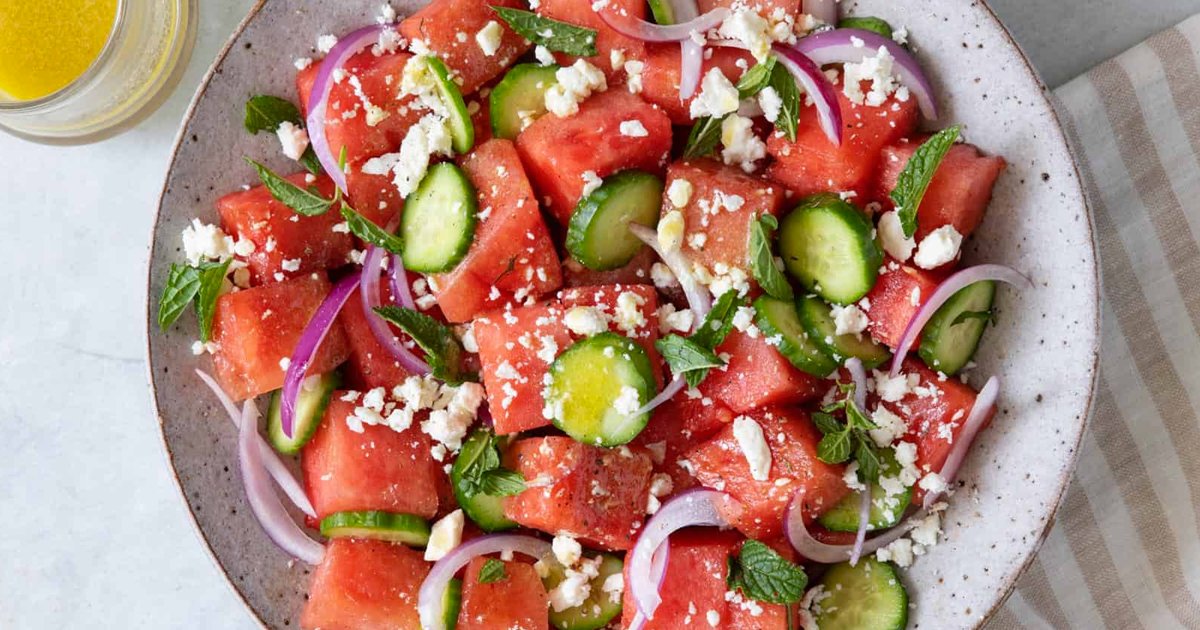 Watermelon Cucumber Salad with Feta and Honey-Lime Dressing
