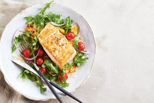 Buttery Halibut with Balsamic Cherry Tomatoes and Arugula Salad | Canadian Living