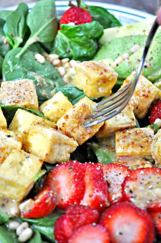 Vegan Sweet Mustard Tofu, Strawberry, Avocado Salad
