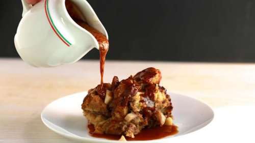 Slow Cooker Apple Bread Pudding with Caramel Dessert Sauce | Kelsey Nixon