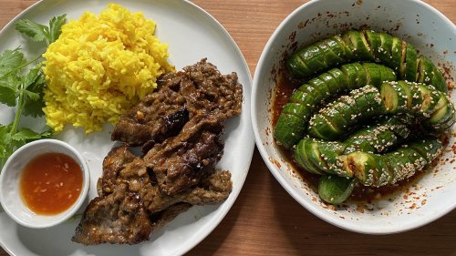 Easy and Healthy Asian Dinner: Lemongrass Beef, Rice + Cucumber Salad