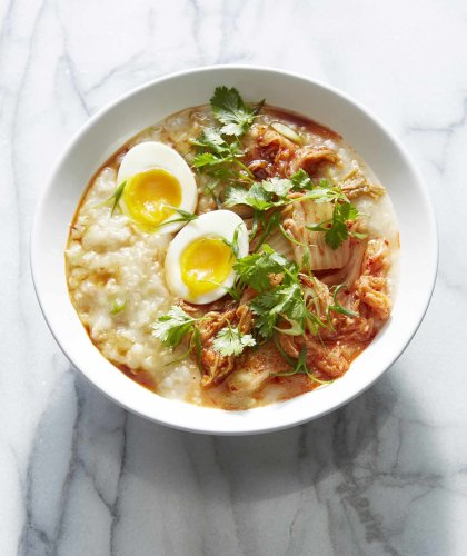 Brown Rice Congee with Kimchee, Scallions, and 7-Minute Eggs