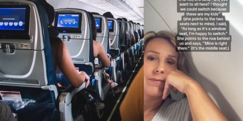 Parents are applauding a woman that refused to change seats so a mom could sit next to her kids