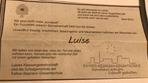 Zwölfjährige in Freudenberg getötet: Traueranzeige von Luises Klassenkameraden - "Wir sind nicht mehr komplett"