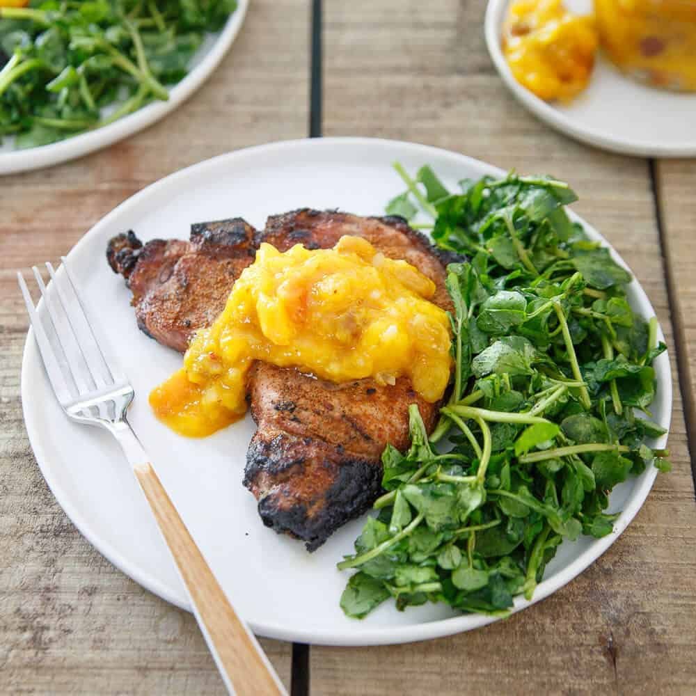Pork Chops with Mango Peach Chutney - Spice Rubbed Pork Chops