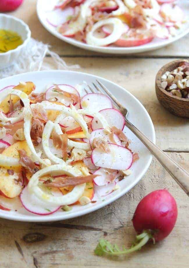 Peach and radish salad with crispy prosciutto