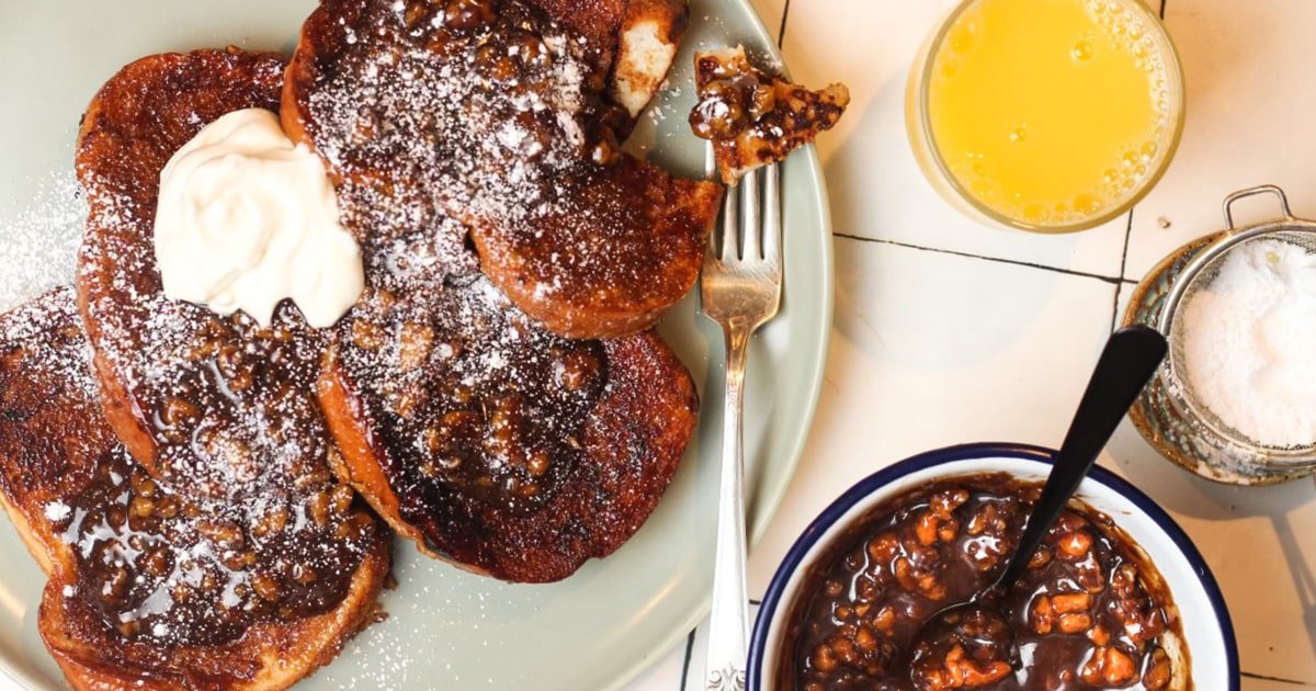 Top thick-cut French toast with sweet bourbon-praline sauce