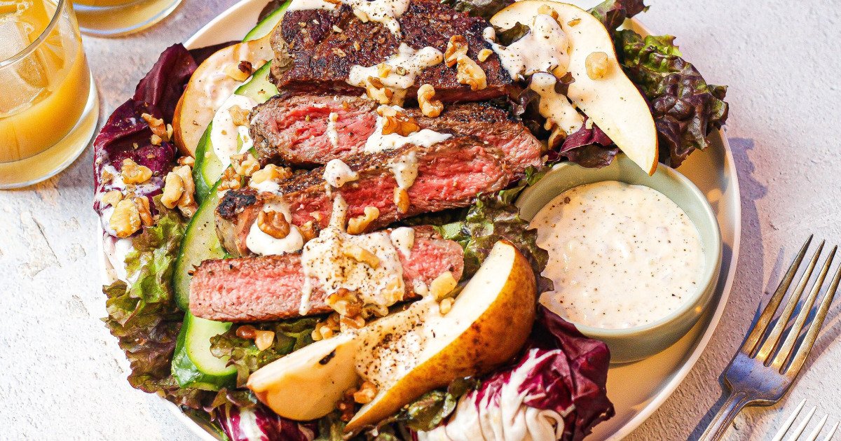 This grilled steak salad with blue cheese dressing is just what your cookout needs