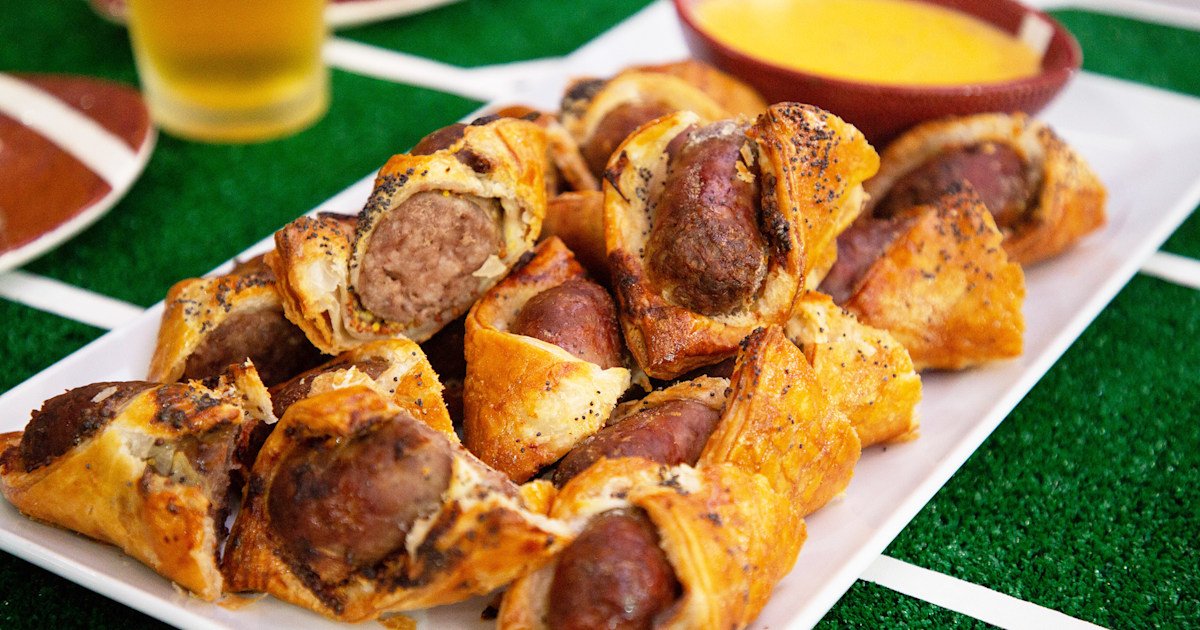 Beef up your Fourth of July apps with bratwurst in a blanket and beer cheese dip