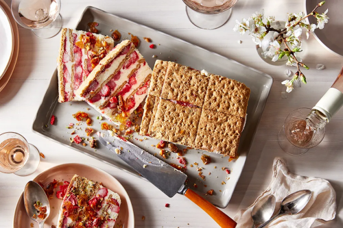 Strawberry-rhubarb icebox cake with pistachio brittle is an epic make-ahead dessert