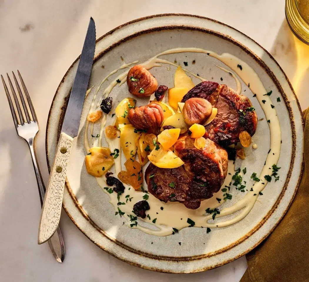 Asturian-Style Veal Fillets with Cabrales Sauce, Fruit, and Chestnuts