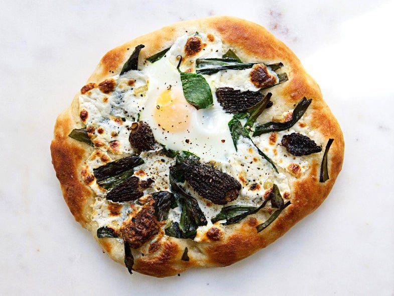 Pizza with Ramps, Morels, and Eggs