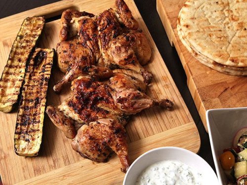 Easy Grilled Cornish Hens and Zucchini With Greek Marinade, Tzatziki, and Greek Salad Recipe