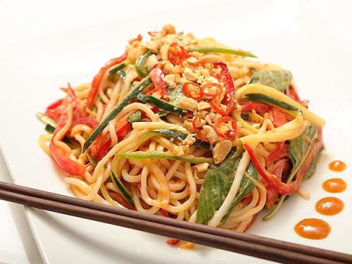 Spicy Peanut Noodle Salad With Cucumbers, Red Peppers, and Basil Recipe