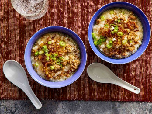 Congee (Rice Porridge) With Minced Pork and Crispy Shallots