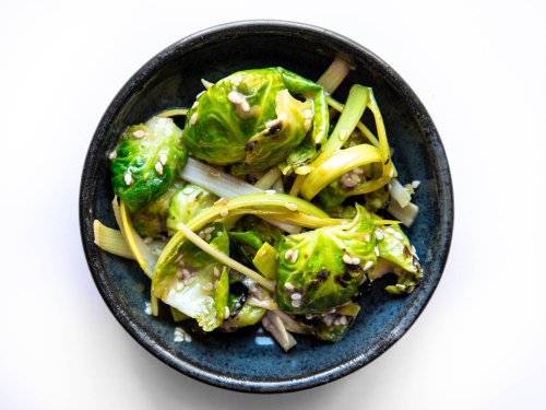 Charred Brussels Sprouts and Leek Muchim With Coffee-Dijon Dressing Recipe