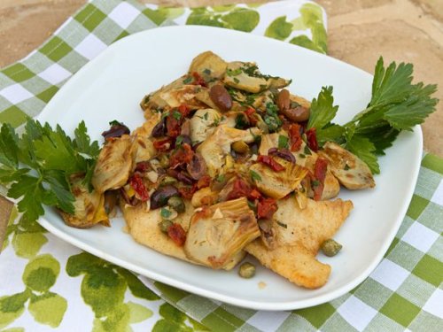 Italian Easy: Pan Fried Whitefish with Artichokes, Olives, and Sun-Dried Tomatoes