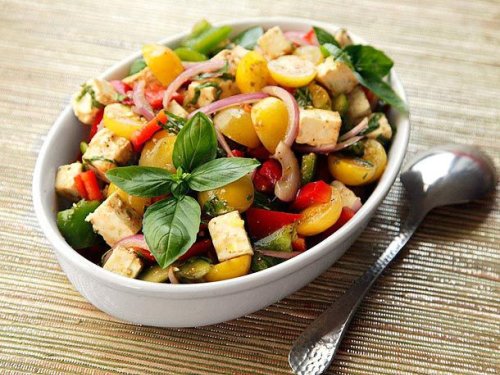 Mediterranean Chopped Salad With Tomatoes, Peppers, Feta, and Basil Recipe