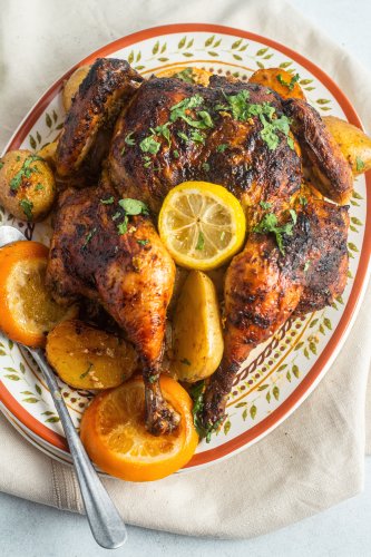 A New Weeknight Favorite: Roasted Spatchcock Chicken with Harissa, Herb Yogurt, and Citrus