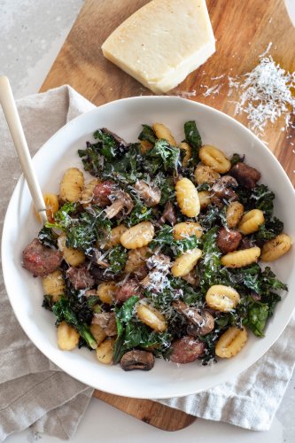 Gnocchi With Mushrooms, Sausage, and Kale Is a Sheet Pan Wonder