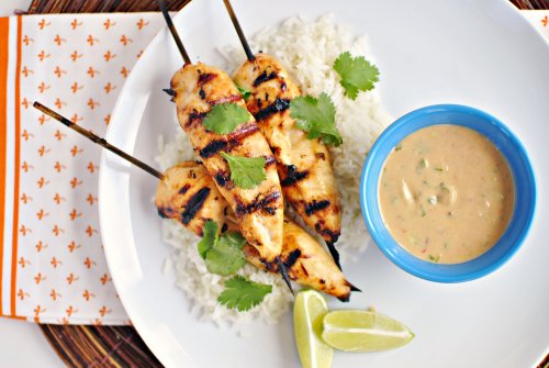 Thai Chicken Satay and Peanut Sauce + Ginger Coconut Rice - Simply Scratch