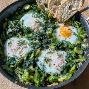 Kale Asparagus and Fava Shakshuka