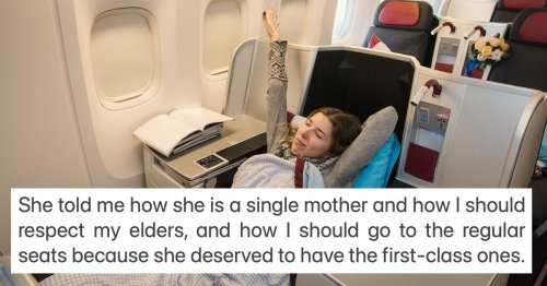 Entitled mom refuses to give up first class seats that she did not pay for.