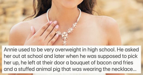 Bridesmaid won't take off pig necklace, learns it was used to prank overweight teen.