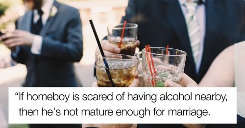 Woman asks if husband can drink at sister's dry wedding; says 'he won't come if not.'