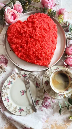 Maulwurfkuchen in Herzform mit Erdbeeren und Mascarpone-Sahne