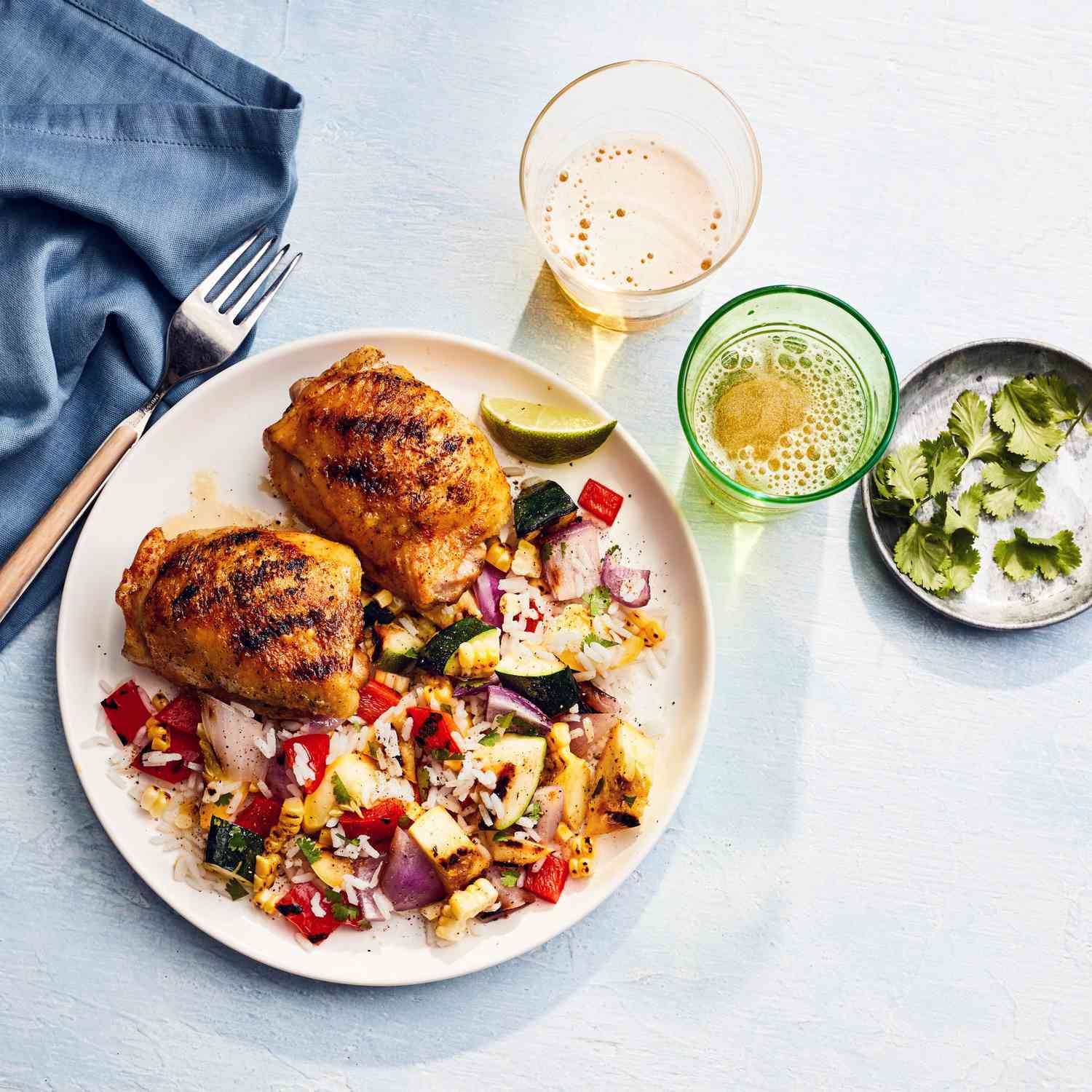Grilled Curried Chicken Thighs with Charred-Vegetable Rice