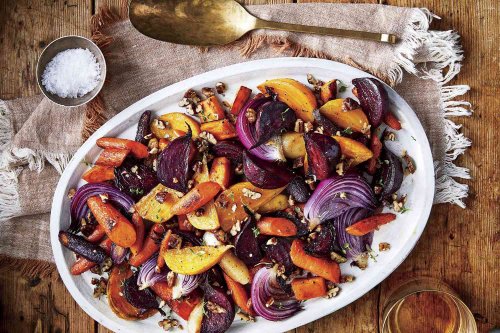 Oven-Roasted Root Vegetables with Spicy Pecan Topping