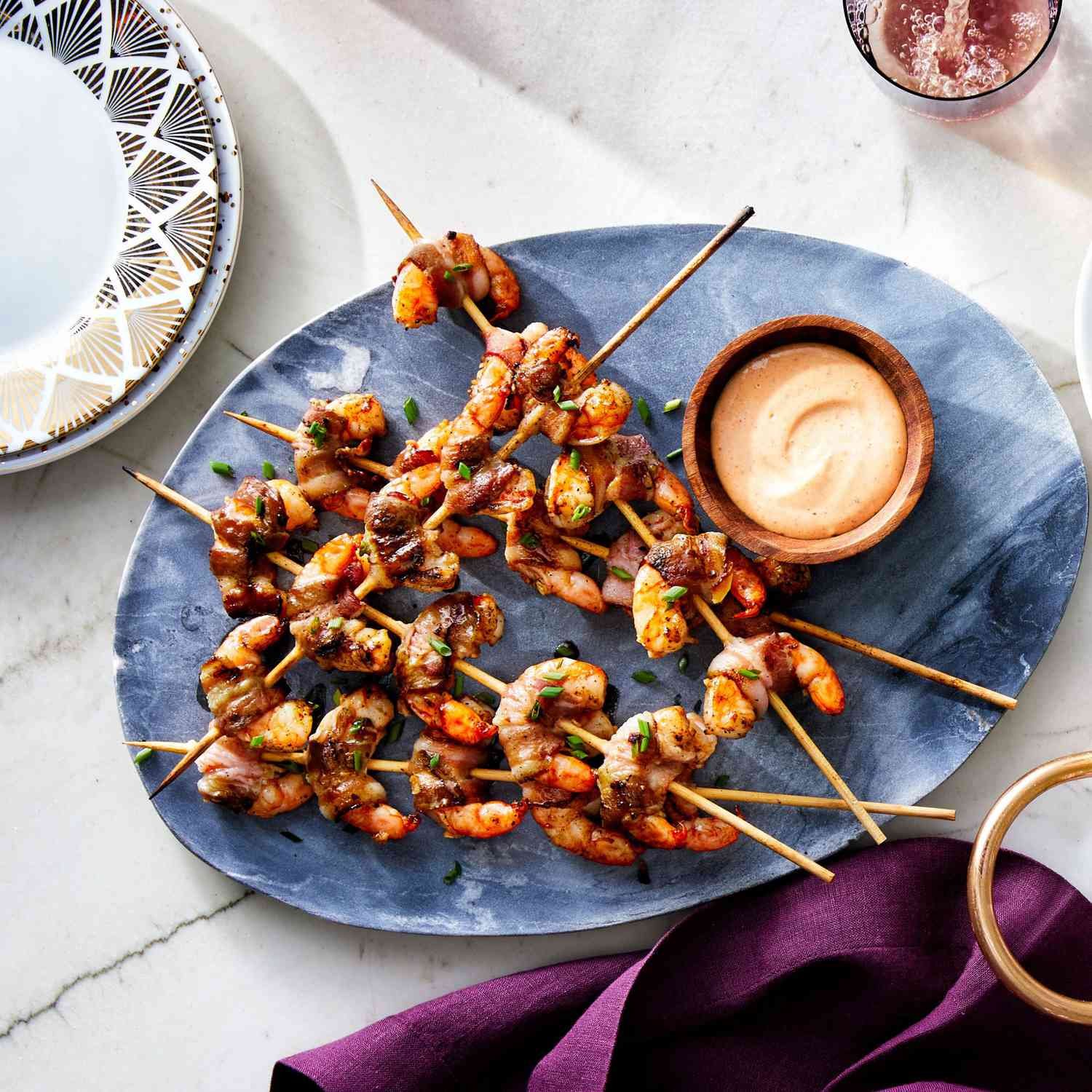 Bacon-Wrapped Shrimp Skewers with Chipotle Comeback Sauce