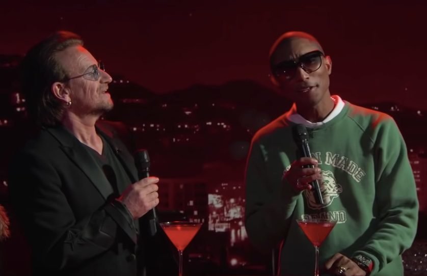Bono and Pharrell Sing the BeeGees' "Stayin' Alive" on 'Kimmel'