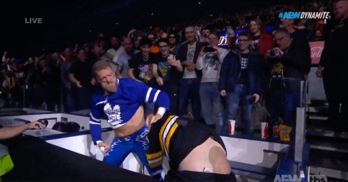 WATCH: Huge hockey fight ensues as Toronto Maple Leafs jersey-clad Adam Copeland forces Christian Cage to wear Bruins threads