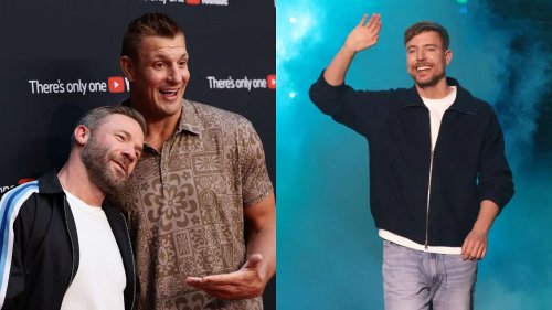 Julian Edelman and Rob Gronkowski pose with Mr Beast in rare appearance together at YouTube event