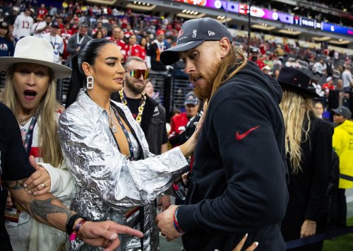 PICS: George Kittle styles polar bear-style jacket to party with wife Claire in Switzerland