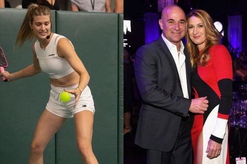 Eugenie Bouchard shares the court with Andre Agassi as she gears up to go against him and wife Steffi Graf at Pickleball Slam 3