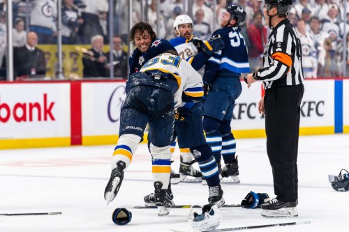 WATCH: Chaos ensues from 5v5 line brawl between Jets and Blues in the final seconds of Game 1