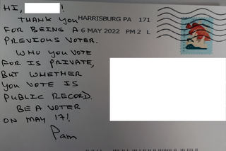 Unmarked postcards sent to Pennsylvanians tell them ‘whether you vote is public record’