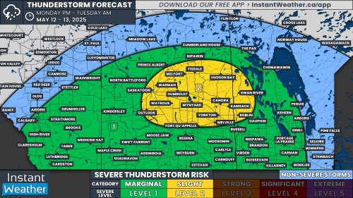 First Slight Severe Thunderstorm Risk of the Year for the Prairies Monday Afternoon Through Tuesday Morning