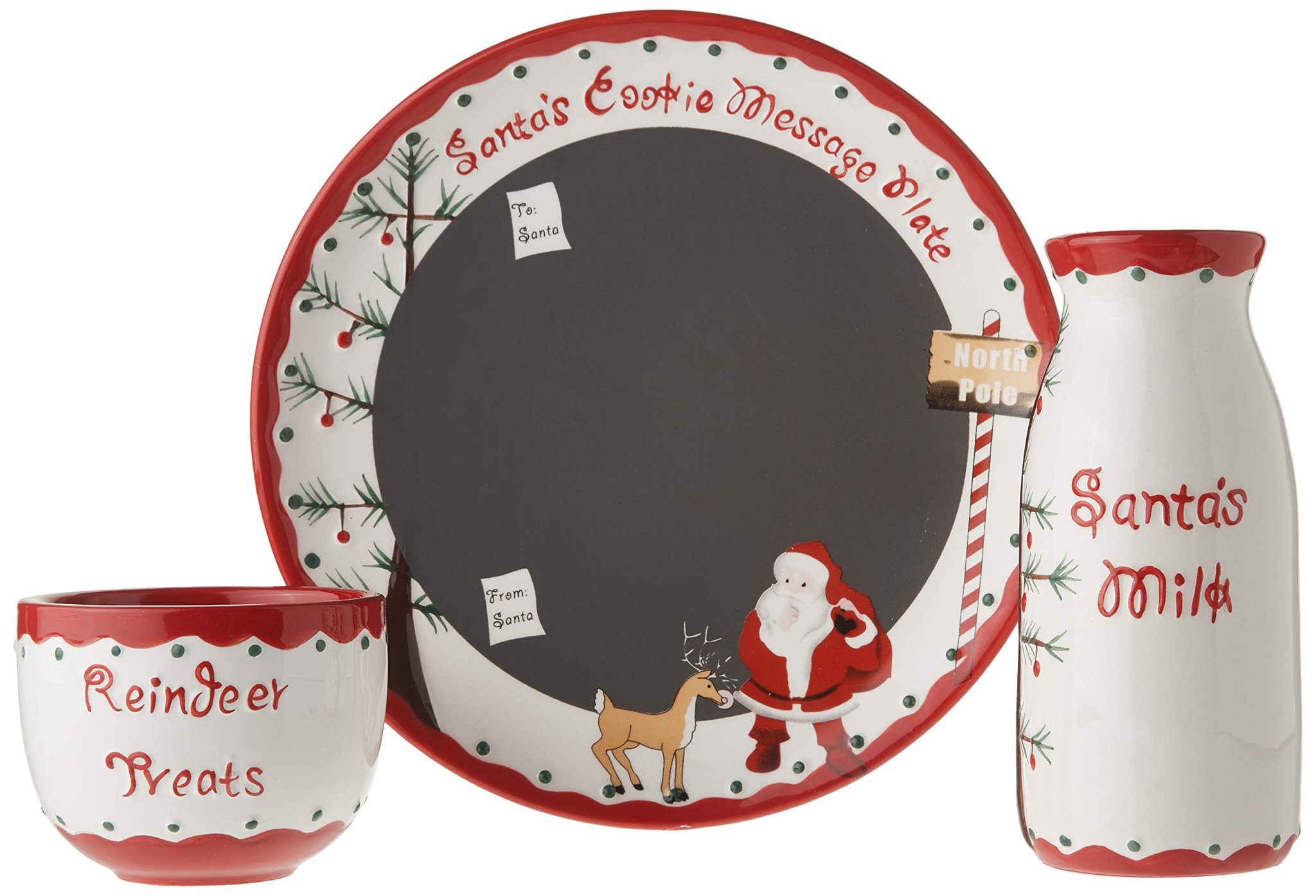 Santa cookie plate, milk jar, and reindeer treat bowl