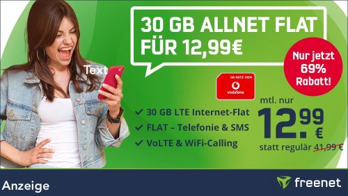 Vodafone-Netz: 30 GB Allnet Flat für 12,99 Euro im Monat