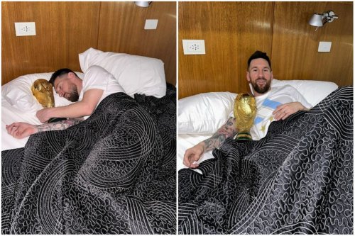 ‘Good morning!’ Lionel Messi cuddles World Cup trophy in bed after ...