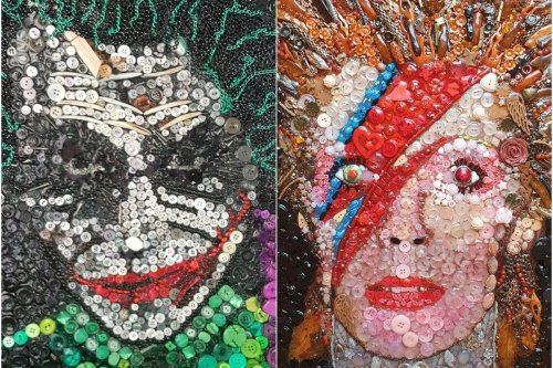 Former florist recreates cultural figures using buttons, brooches and beads